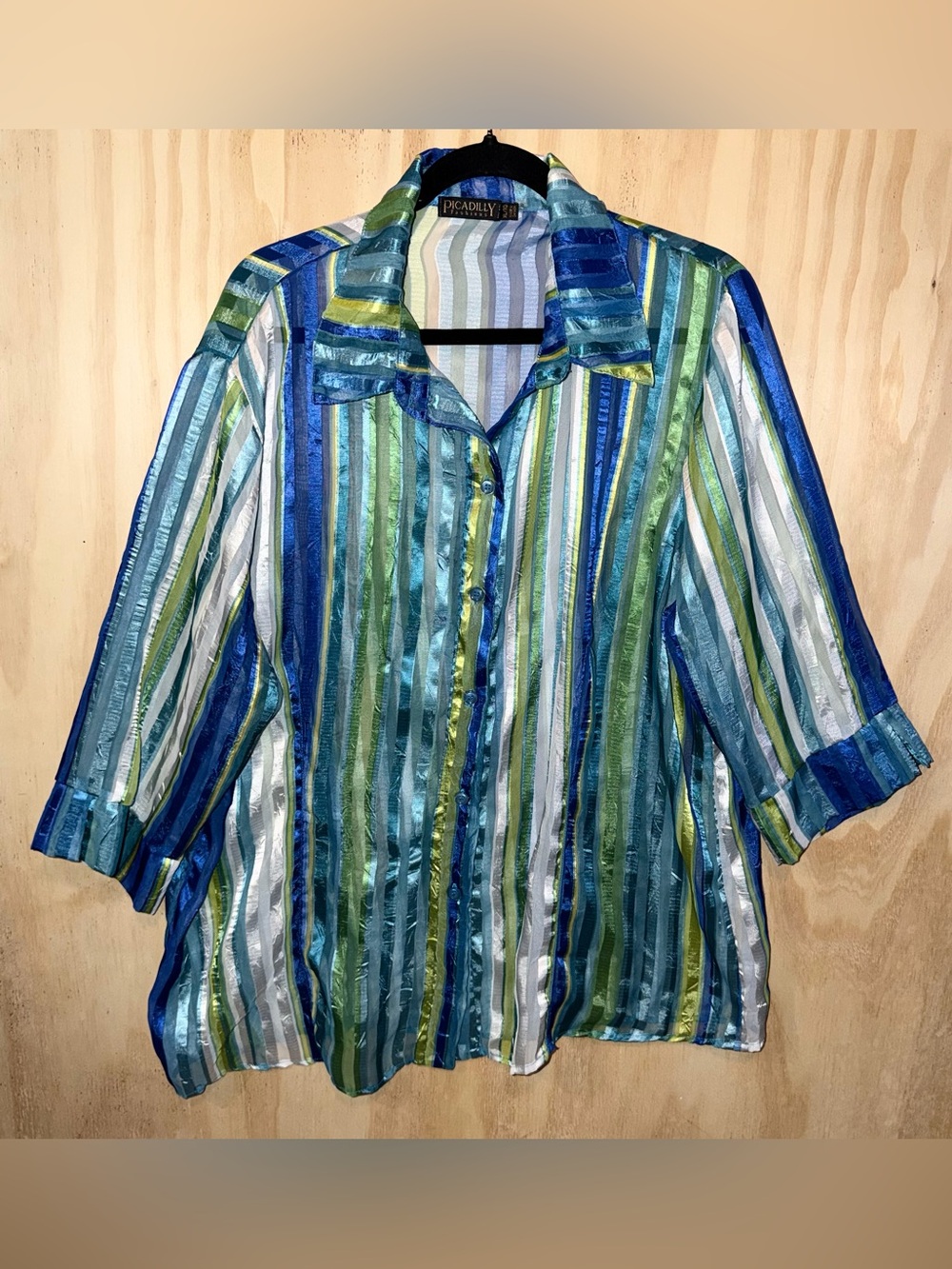 Picadilly Fashions Blouse Women’s XL Blue Multicolored Striped Sheer 3/4 Sleeve